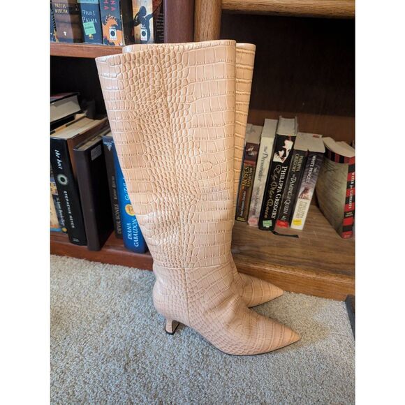 Paris Texas Pink Leather Croc Embossed Knee High Stiletto Heeled Boots 36 US 6 - Picture 1 of 8